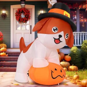 GOOSH 5.2 FT Thanksgiving Inflatables Dog Outdoor Decorations Blow Up Yard Cute Puppy Standing on a Pumpkin with Pilgrim Hat with Built-in LEDs for Garden Lawn Indoor Party Decor