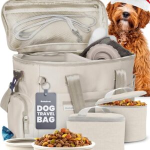 The Original Doggy Bag™- Dog Travel Bag for Supplies - Ultimate Gift for Dog Moms & Dads, Doggy Lovers & Pet Owners for Christmas- Includes 2 BPA-Free Travel Bowls and 2 Food Containers: Beige